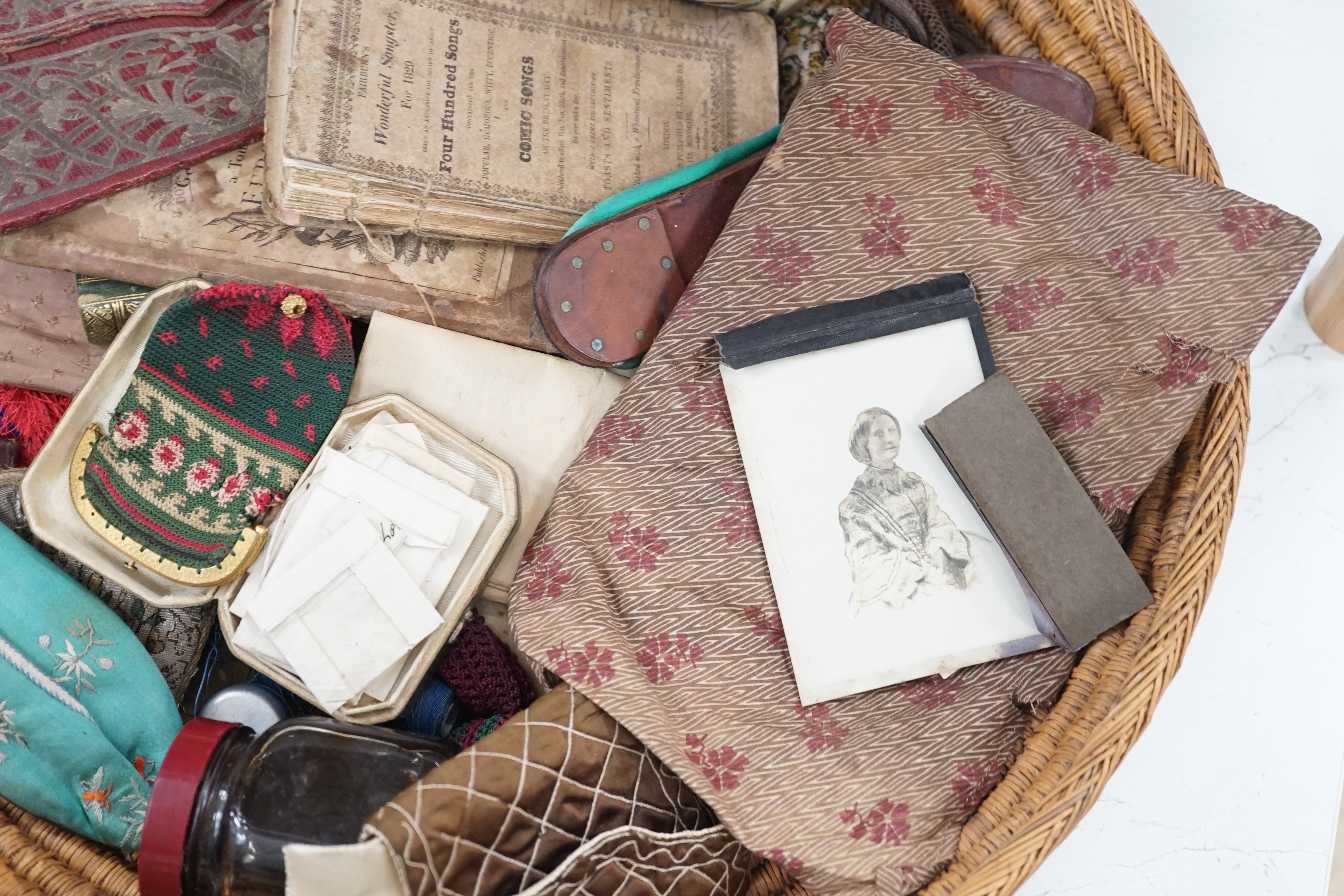 A collection of assorted curios, to include a red leather purse inscribed ‘Constantinople 1752’